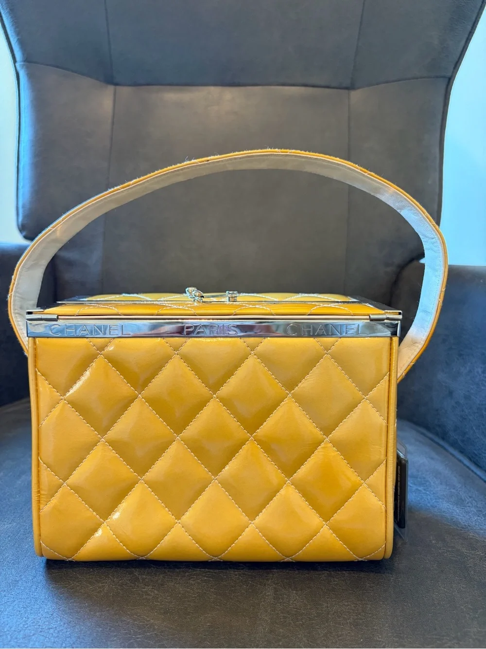 CHANEL Yellow Quilted Top-Handle Vanity Bag with Metal Trim